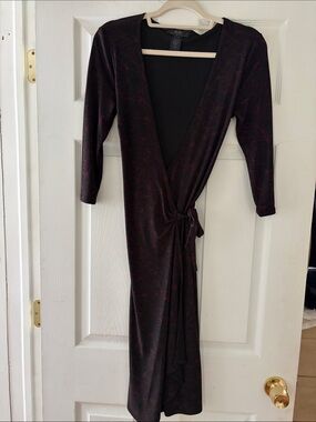 BCBG Black Wrap-Style Dress with Subtle Red Pattern